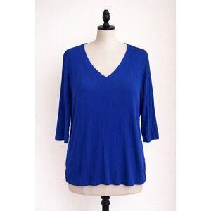 Rachel Zoe Women’s Plus Size 1X Ribbed V-Neck Top | Blue 3/4 Sleeve